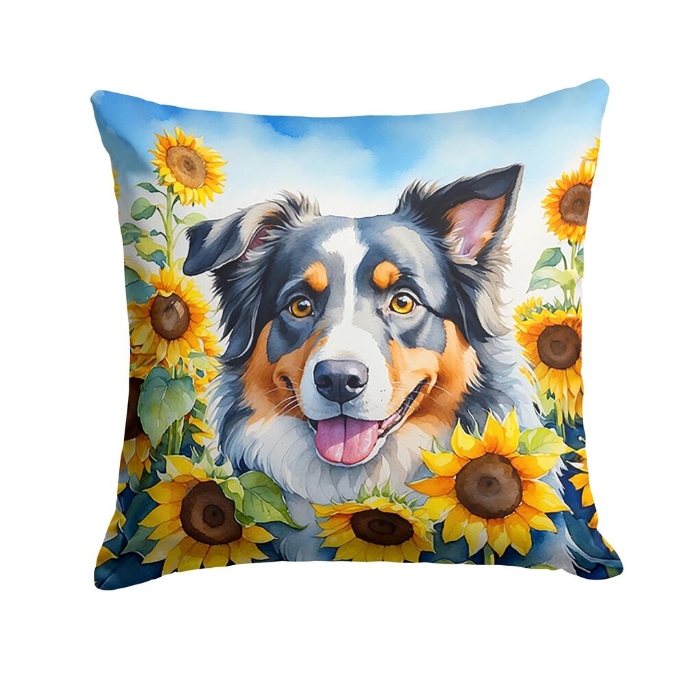 8856 in Sunflowers Throw Pillow, 14Hx14W, Australian Shepherd 6014